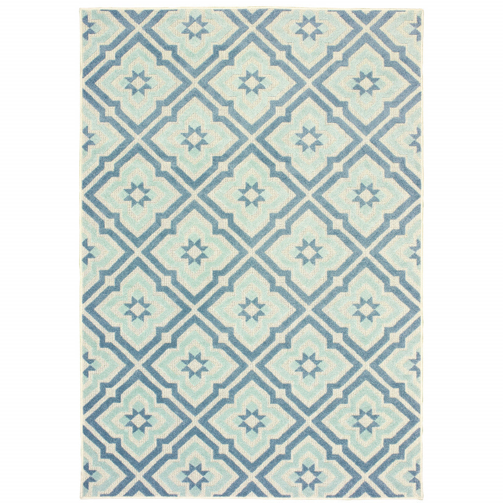 10' X 13' Blue and Ivory Geometric Stain Resistant Indoor Outdoor Area Rug