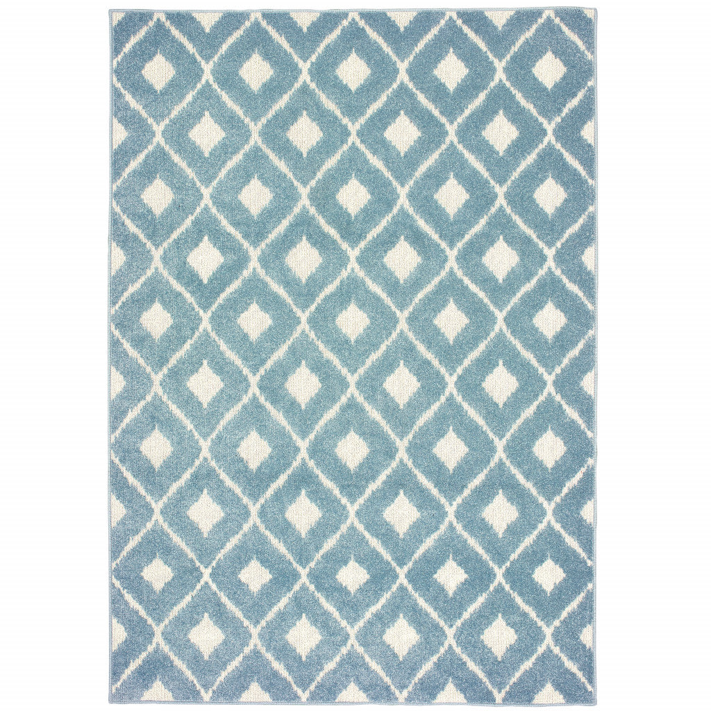 10' X 13' Blue and Ivory Geometric Stain Resistant Indoor Outdoor Area Rug