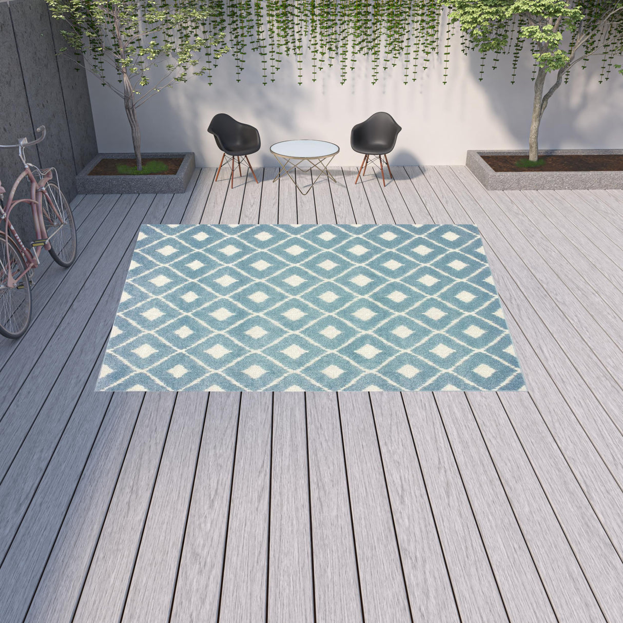 10' X 13' Blue and Ivory Geometric Stain Resistant Indoor Outdoor Area Rug