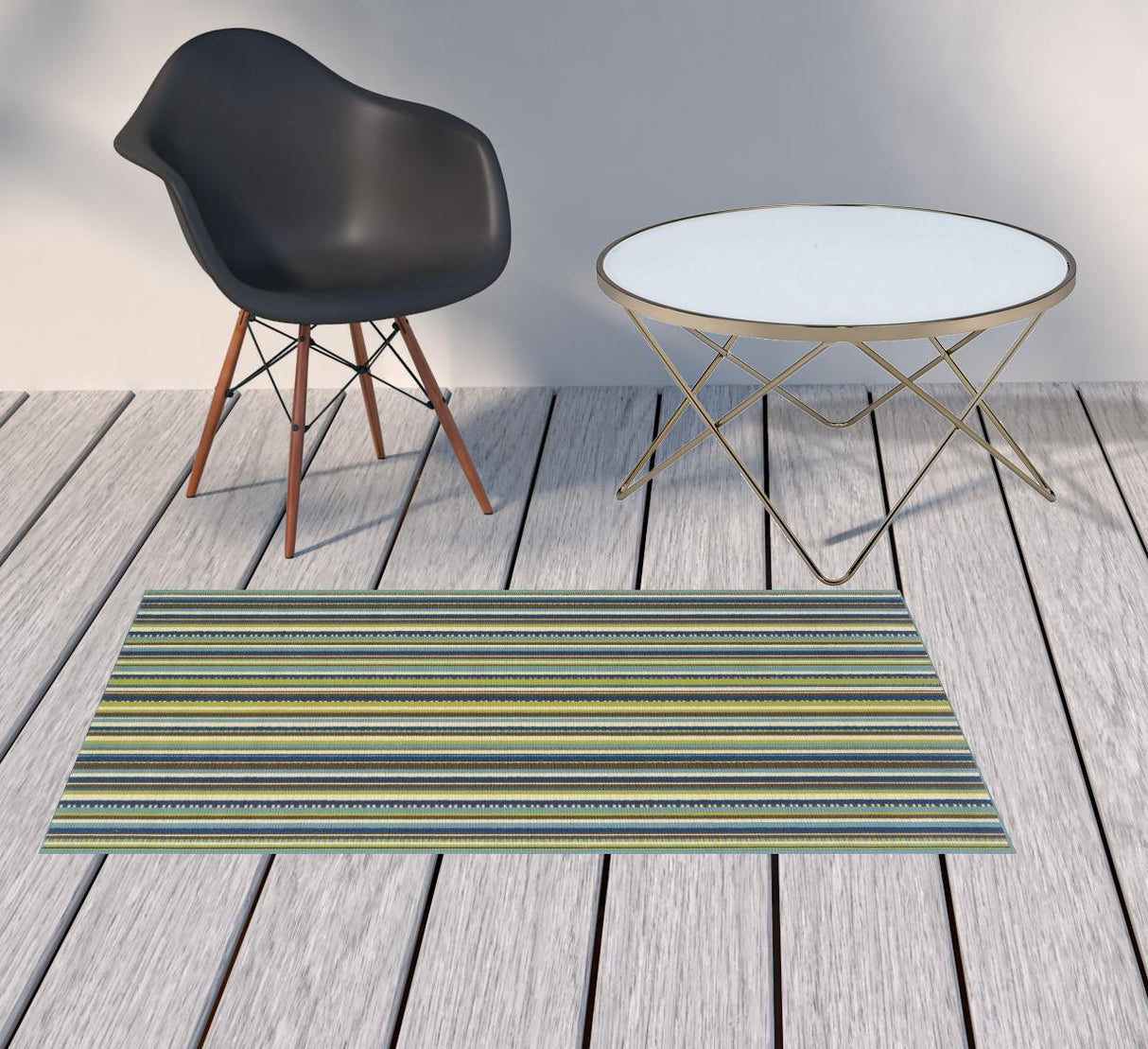 2' X 4' Blue and Green Striped Stain Resistant Indoor Outdoor Area Rug