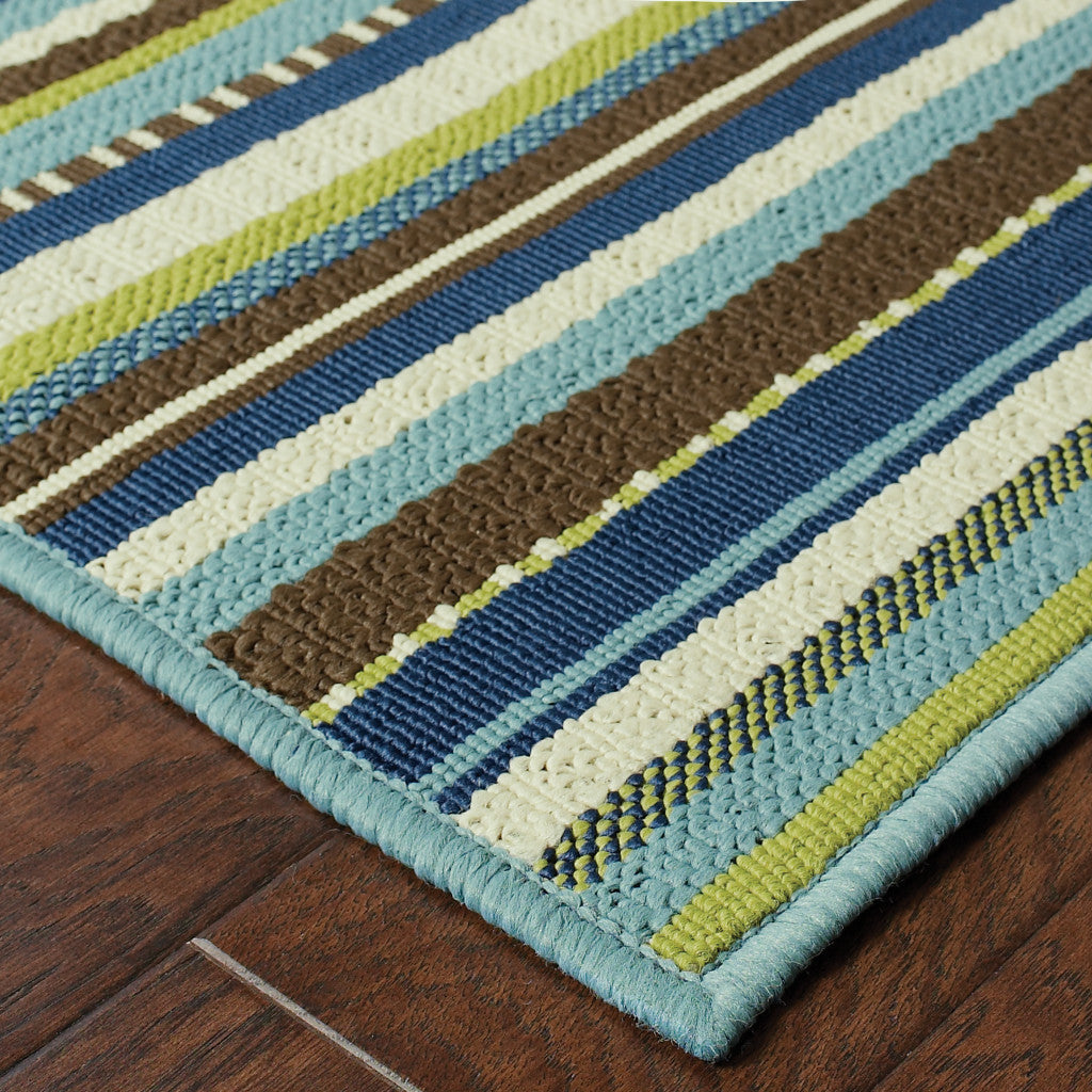 2' X 4' Blue and Green Striped Stain Resistant Indoor Outdoor Area Rug