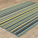 2' X 4' Blue and Green Striped Stain Resistant Indoor Outdoor Area Rug