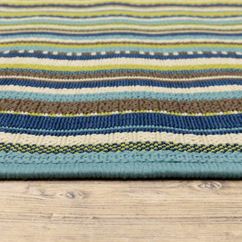 7' X 10' Blue and Green Striped Stain Resistant Indoor Outdoor Area Rug