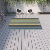 9' X 13' Blue and Green Striped Stain Resistant Indoor Outdoor Area Rug