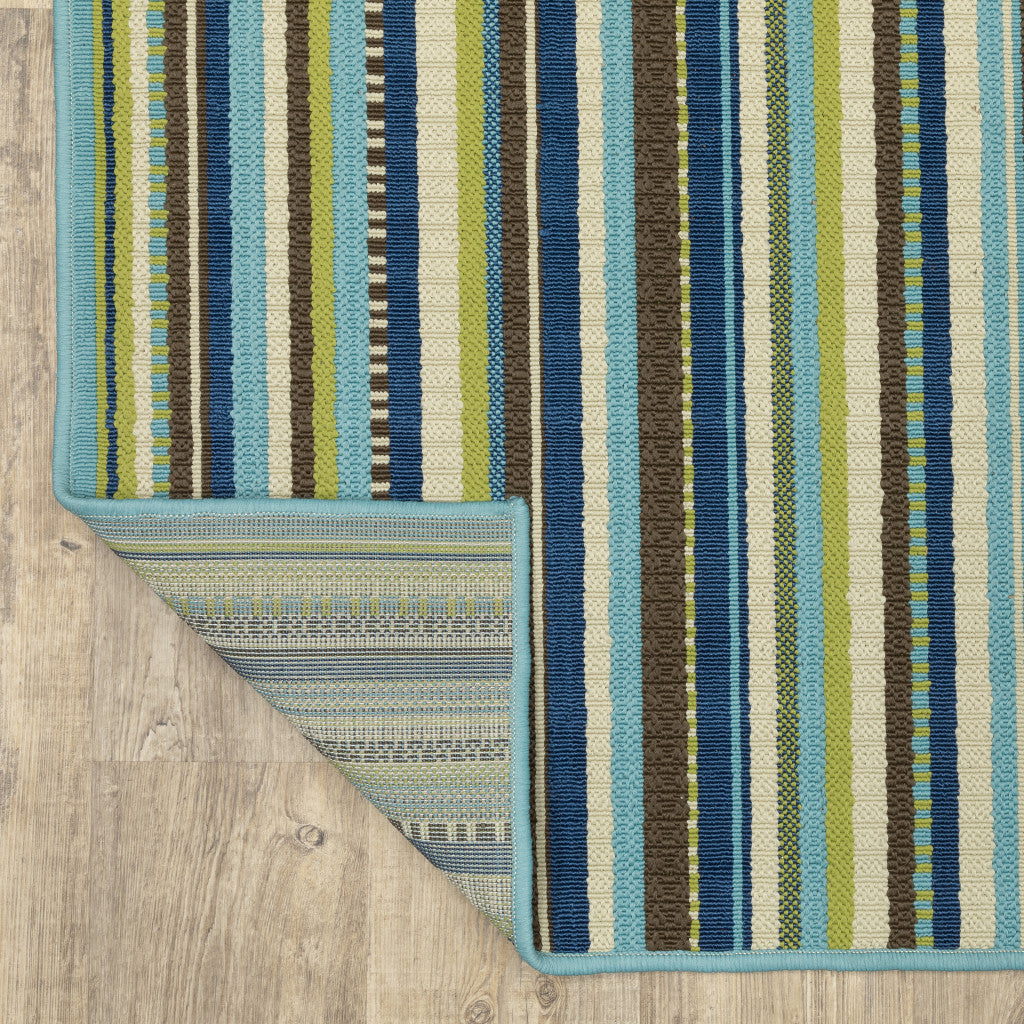 9' X 13' Blue and Green Striped Stain Resistant Indoor Outdoor Area Rug