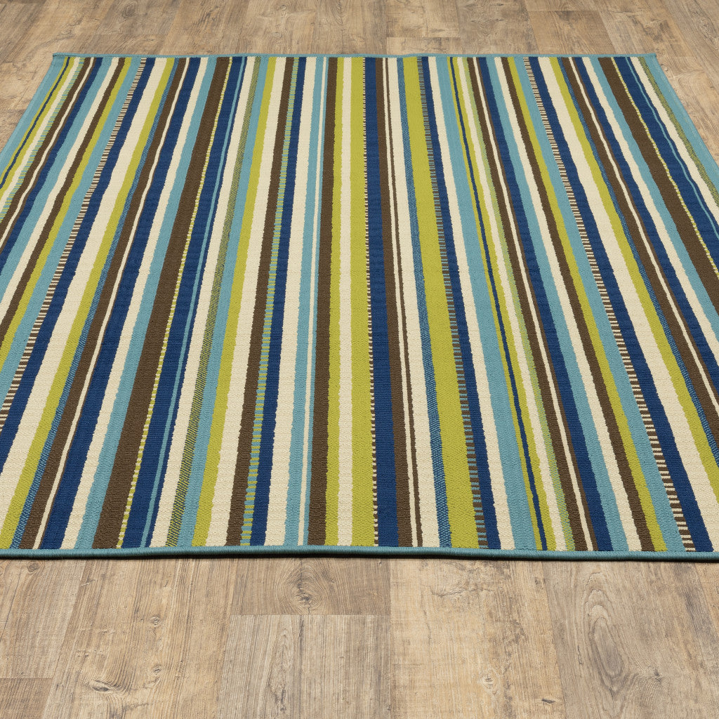 9' X 13' Blue and Green Striped Stain Resistant Indoor Outdoor Area Rug