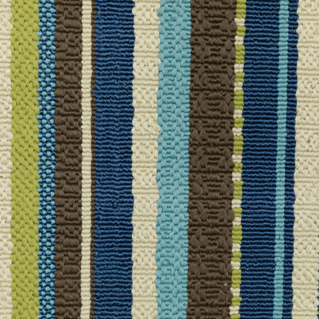 8' X 8' Blue and Green Round Striped Stain Resistant Indoor Outdoor Area Rug