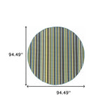 8' X 8' Blue and Green Round Striped Stain Resistant Indoor Outdoor Area Rug