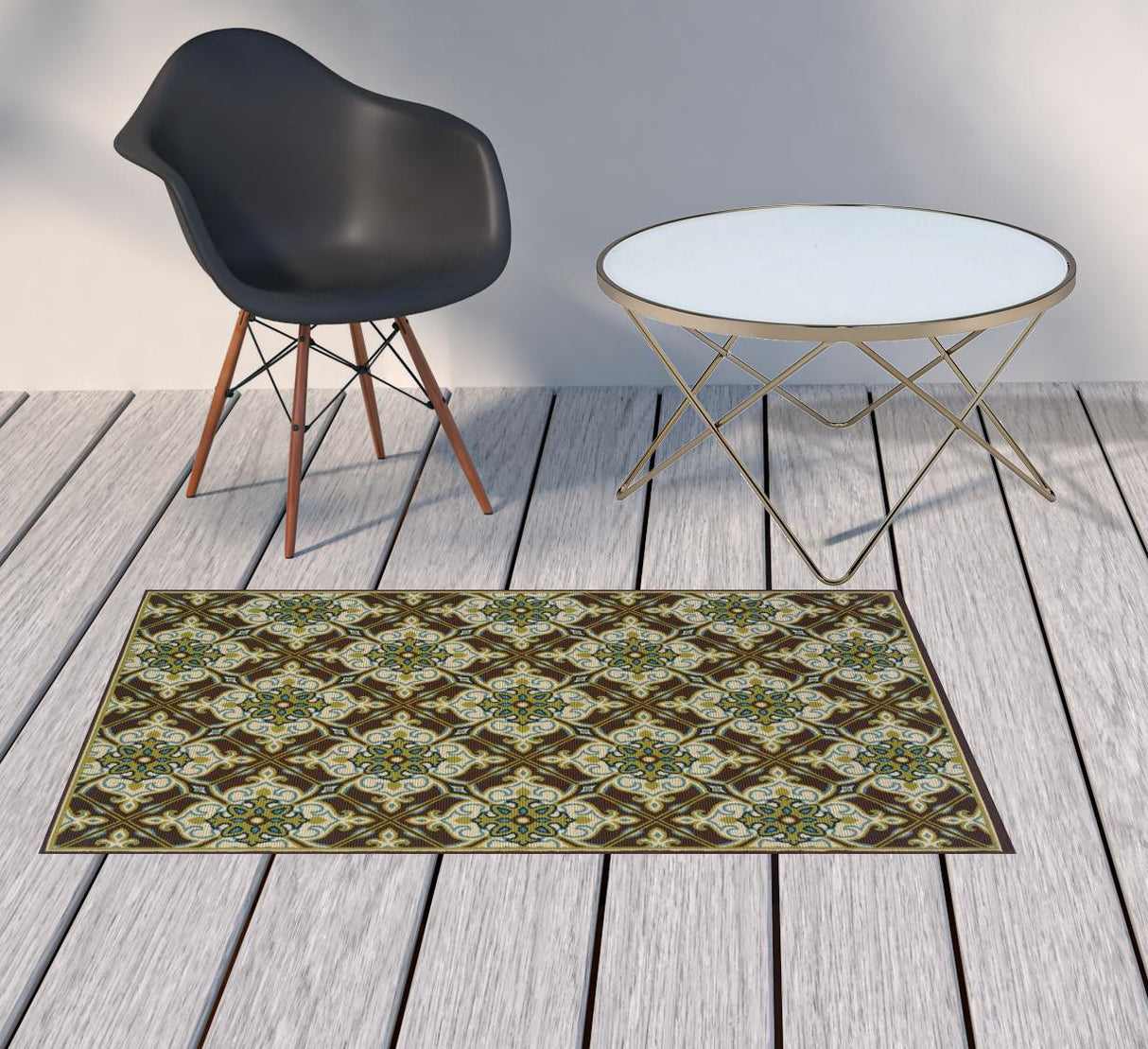 2' X 4' Brown and Ivory Floral Stain Resistant Indoor Outdoor Area Rug