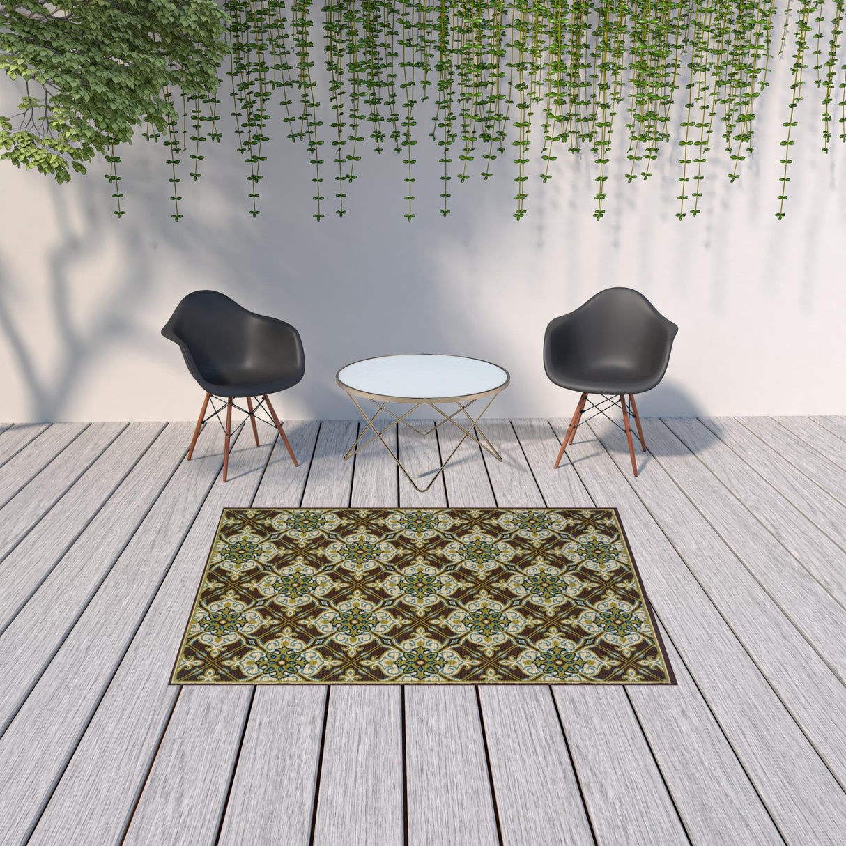 5' X 8' Brown and Ivory Floral Stain Resistant Indoor Outdoor Area Rug