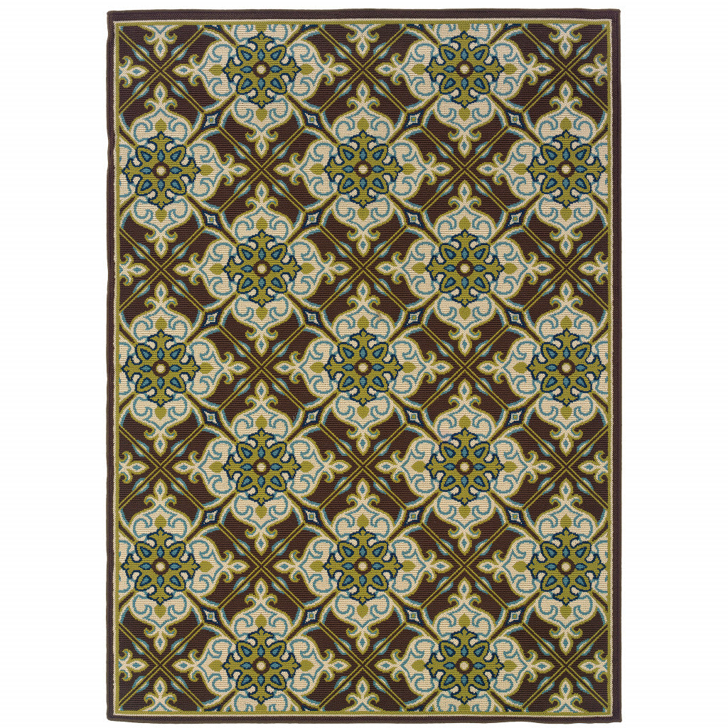 8' X 11' Brown and Ivory Floral Stain Resistant Indoor Outdoor Area Rug