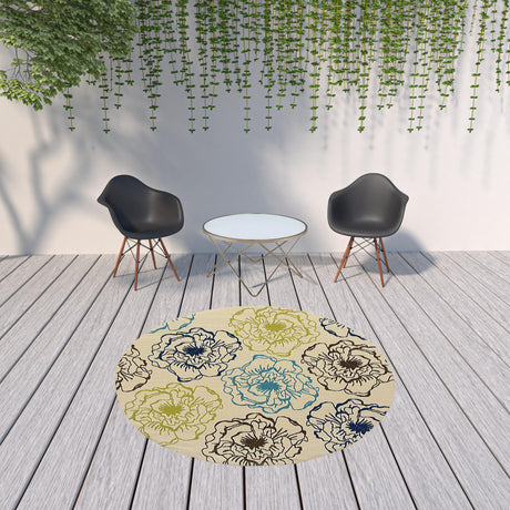 8' X 8' Green and Ivory Round Floral Stain Resistant Indoor Outdoor Area Rug