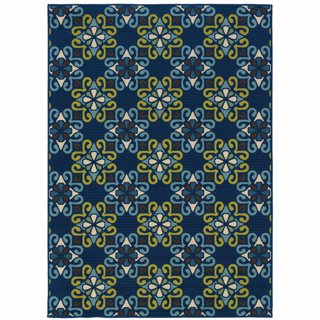 2' X 4' Blue and Green Floral Stain Resistant Indoor Outdoor Area Rug