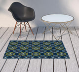 2' X 4' Blue and Green Floral Stain Resistant Indoor Outdoor Area Rug