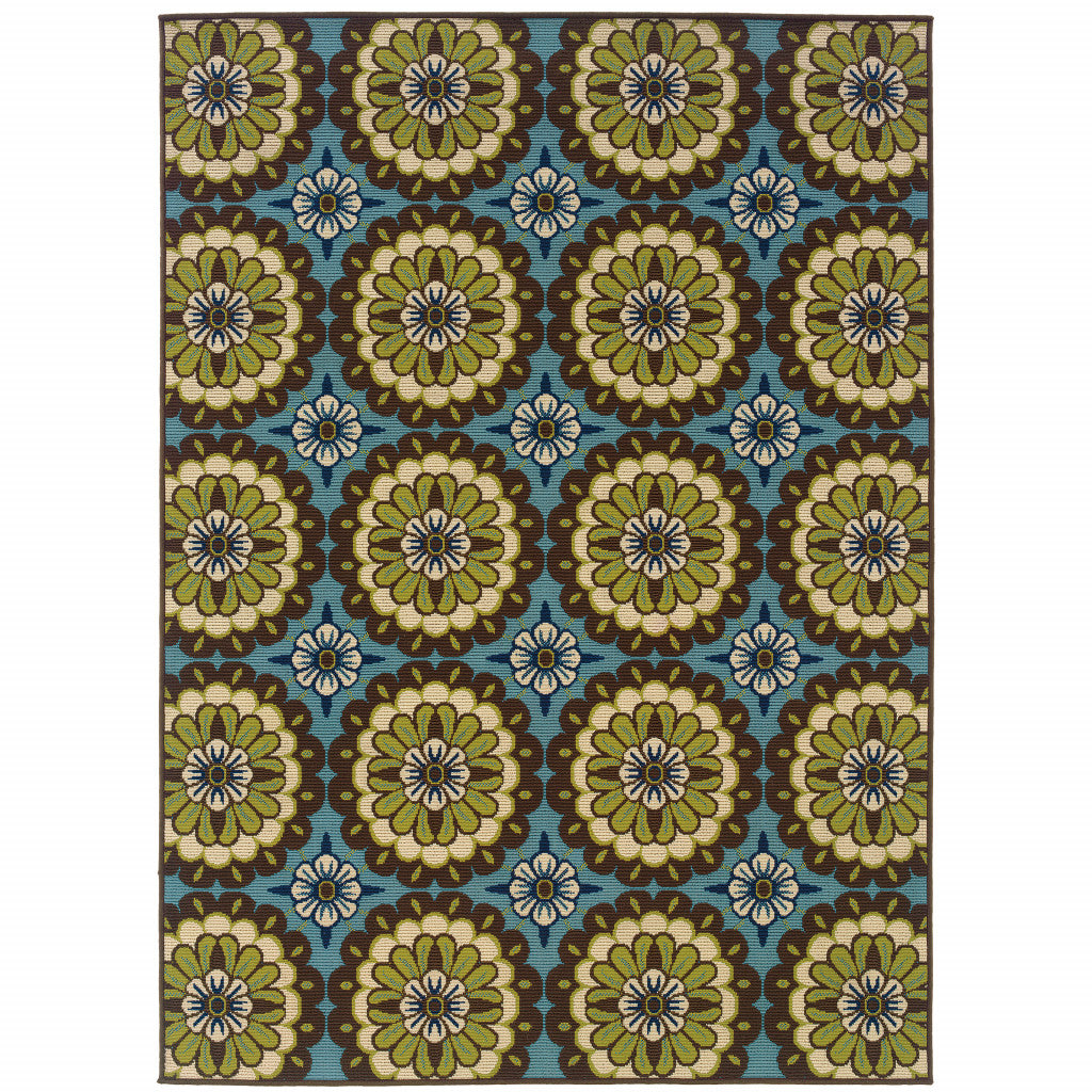 2' X 4' Blue and Green Floral Stain Resistant Indoor Outdoor Area Rug