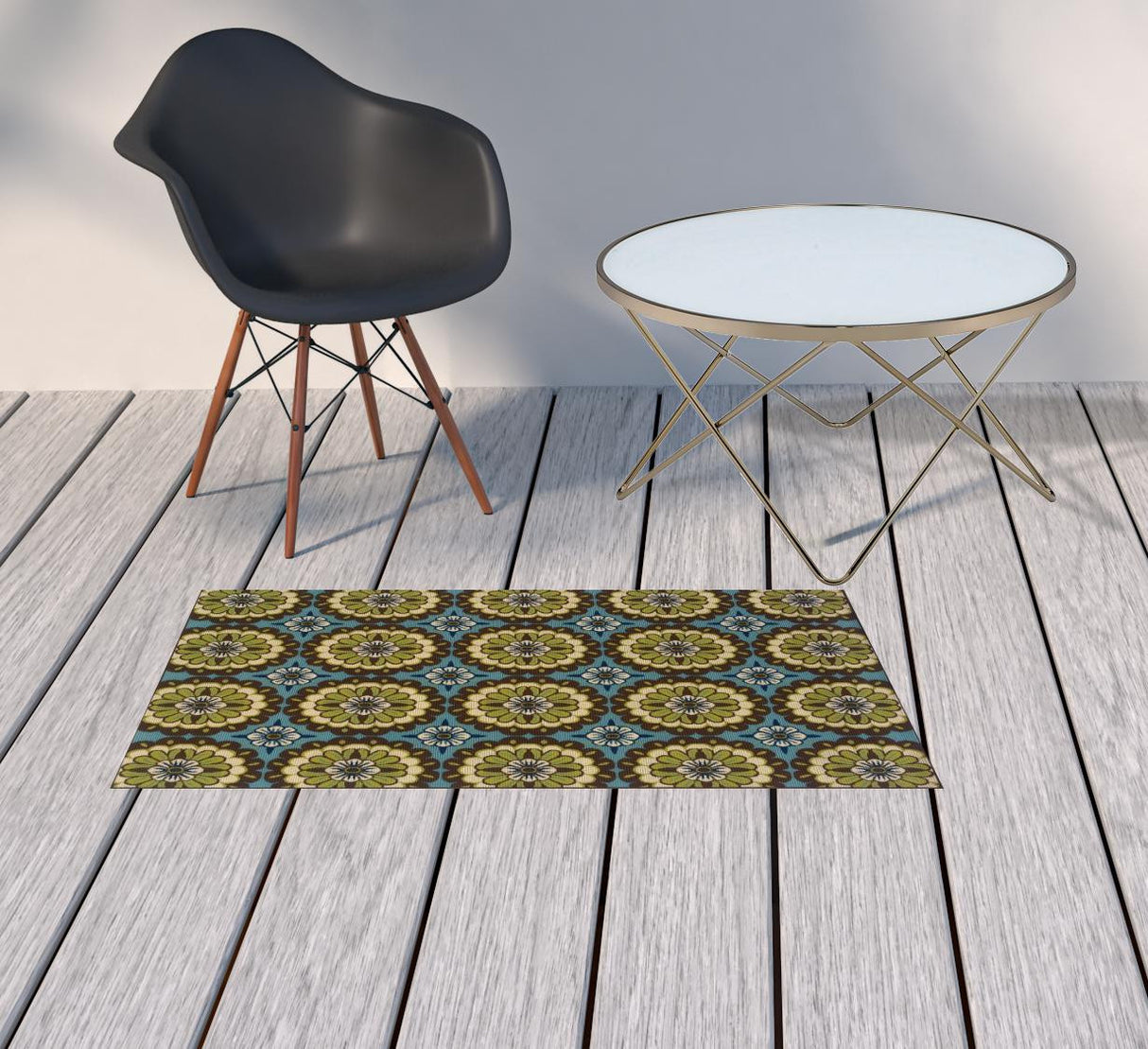 2' X 4' Blue and Green Floral Stain Resistant Indoor Outdoor Area Rug