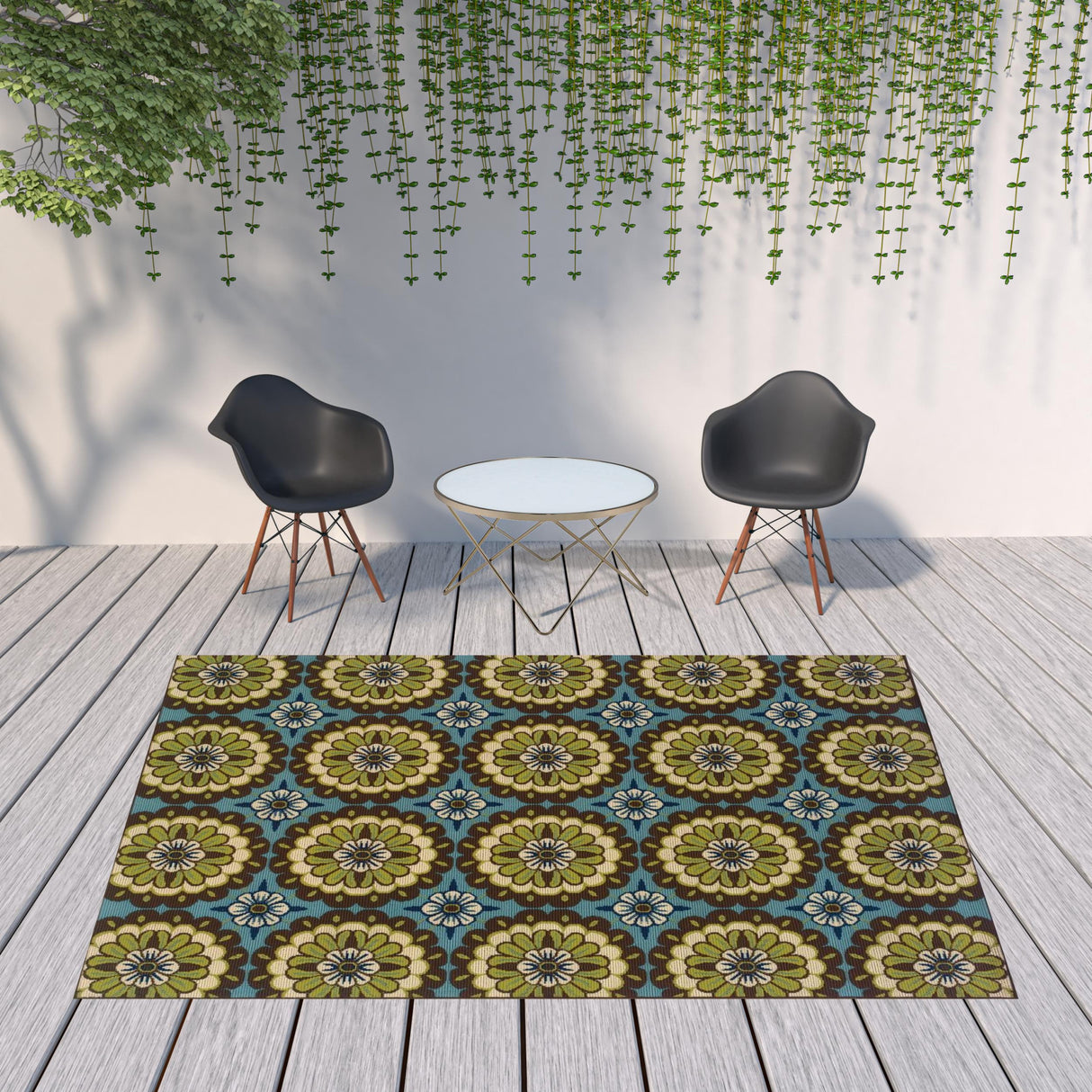 8' X 11' Blue and Green Floral Stain Resistant Indoor Outdoor Area Rug