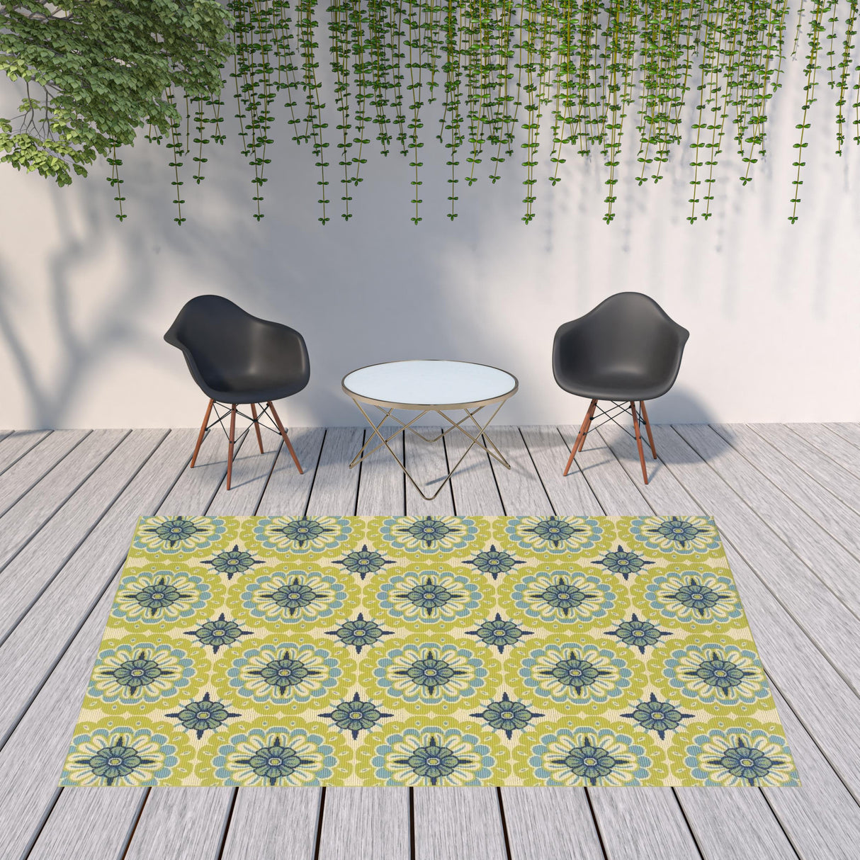 8' X 11' Green and Ivory Floral Stain Resistant Indoor Outdoor Area Rug