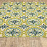 8' X 11' Green and Ivory Floral Stain Resistant Indoor Outdoor Area Rug