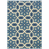 2' X 4' Ivory and Blue Geometric Stain Resistant Indoor Outdoor Area Rug