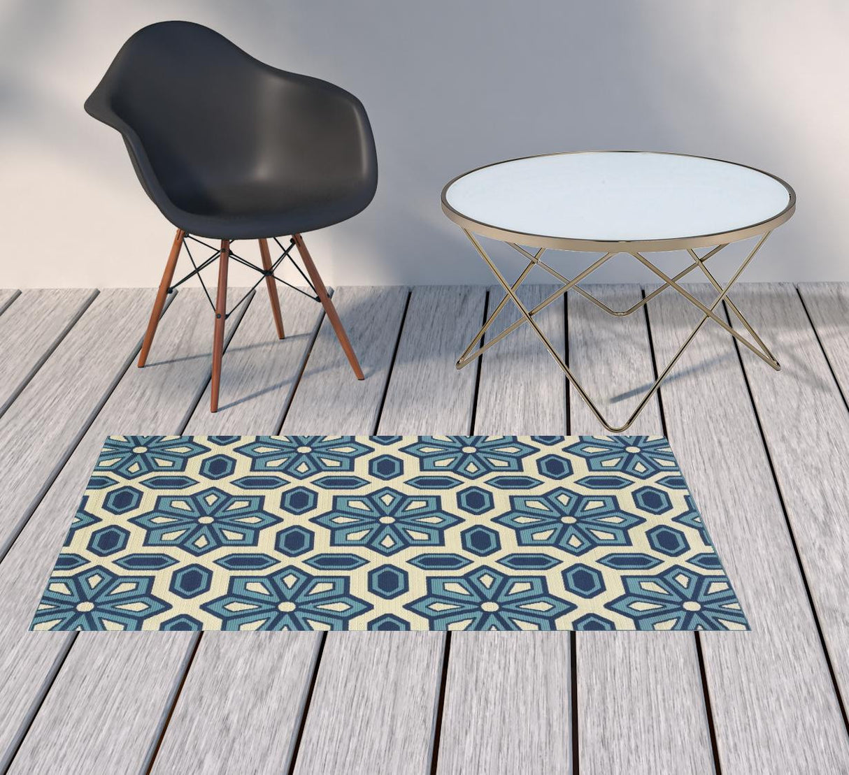 2' X 4' Ivory and Blue Geometric Stain Resistant Indoor Outdoor Area Rug