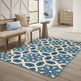 2' X 4' Ivory and Blue Geometric Stain Resistant Indoor Outdoor Area Rug