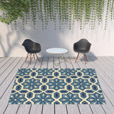 8' X 11' Ivory and Blue Geometric Stain Resistant Indoor Outdoor Area Rug