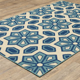 8' X 11' Ivory and Blue Geometric Stain Resistant Indoor Outdoor Area Rug