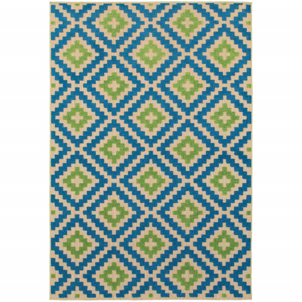 4' X 5' Blue and Beige Geometric Stain Resistant Indoor Outdoor Area Rug