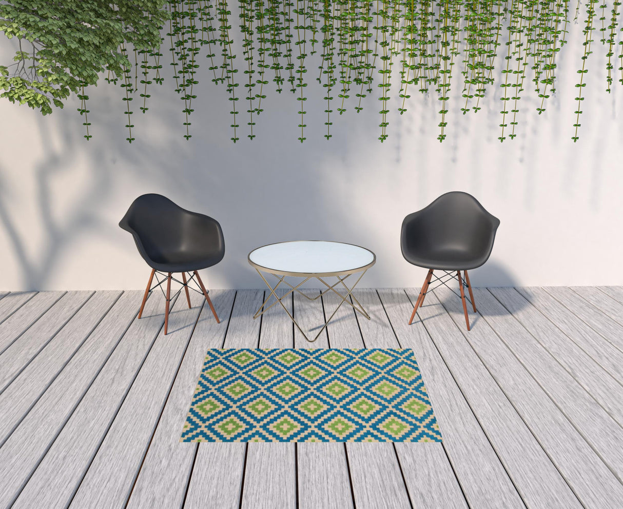 4' X 5' Blue and Beige Geometric Stain Resistant Indoor Outdoor Area Rug