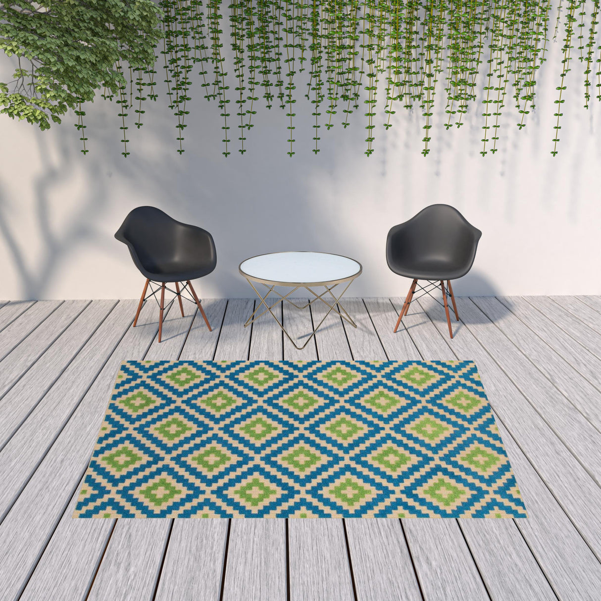 7' X 10' Blue and Beige Geometric Stain Resistant Indoor Outdoor Area Rug