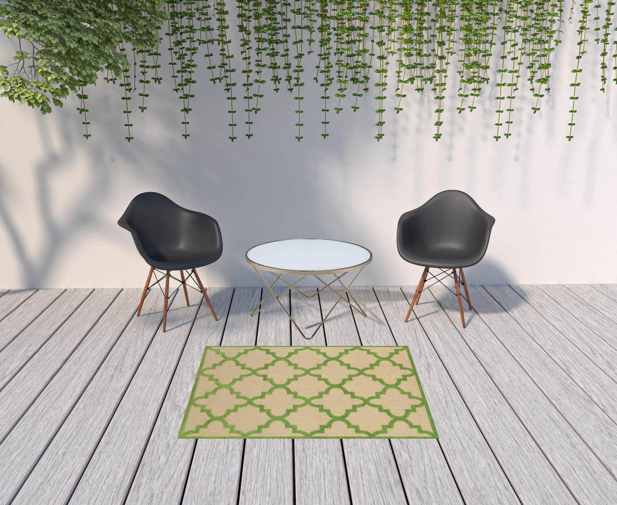 4' X 5' Green Geometric Stain Resistant Indoor Outdoor Area Rug