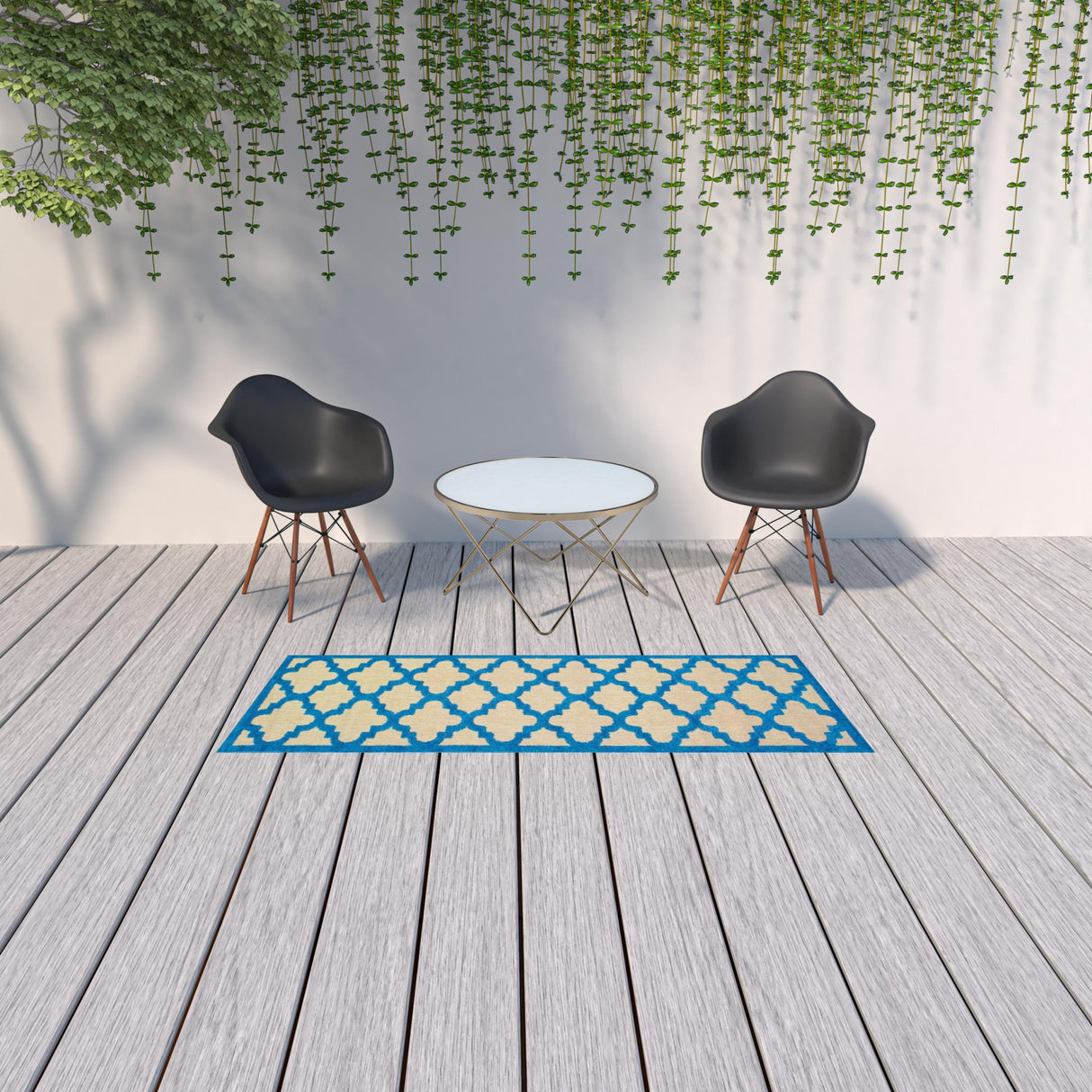 2' X 8' Blue and Beige Geometric Stain Resistant Indoor Outdoor Area Rug