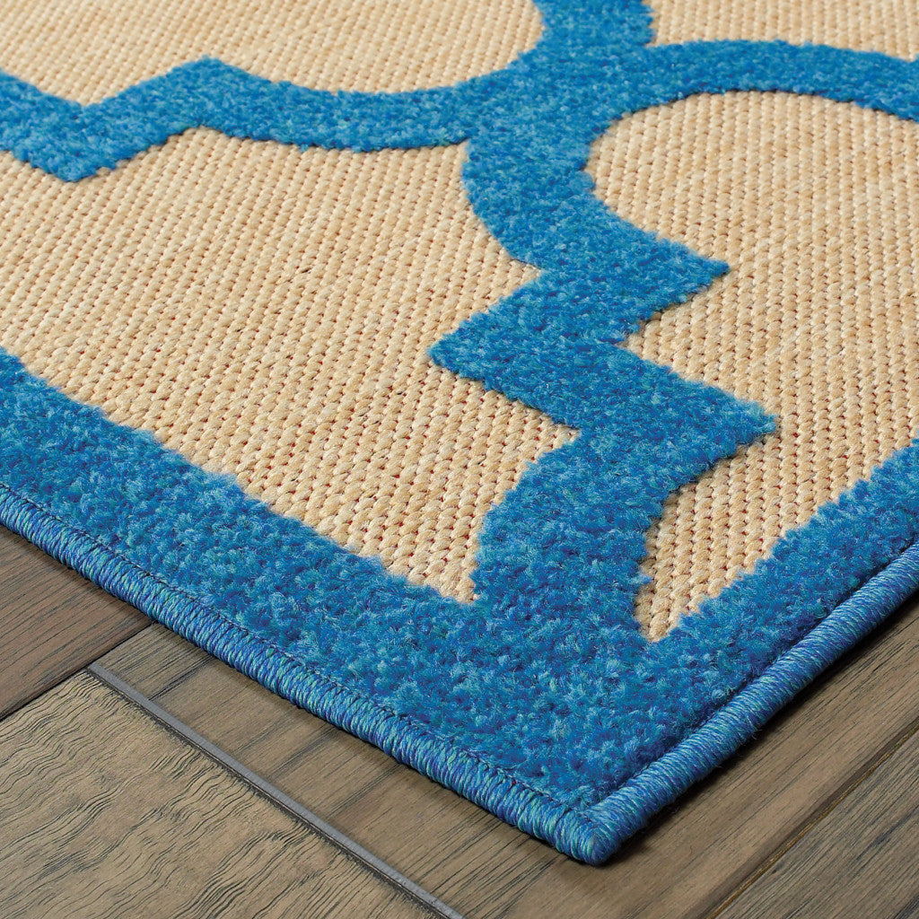 4' X 5' Blue and Beige Geometric Stain Resistant Indoor Outdoor Area Rug