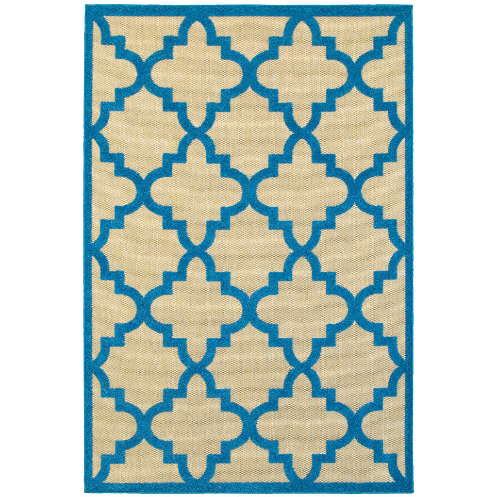 5' X 8' Blue and Beige Geometric Stain Resistant Indoor Outdoor Area Rug