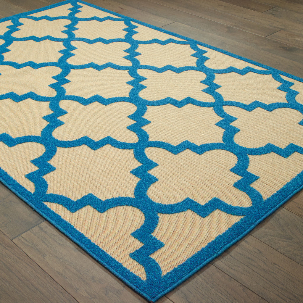 5' X 8' Blue and Beige Geometric Stain Resistant Indoor Outdoor Area Rug