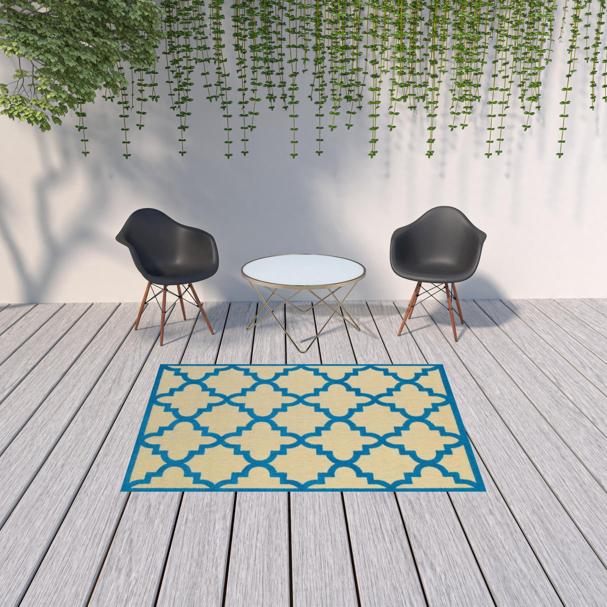 5' X 8' Blue and Beige Geometric Stain Resistant Indoor Outdoor Area Rug