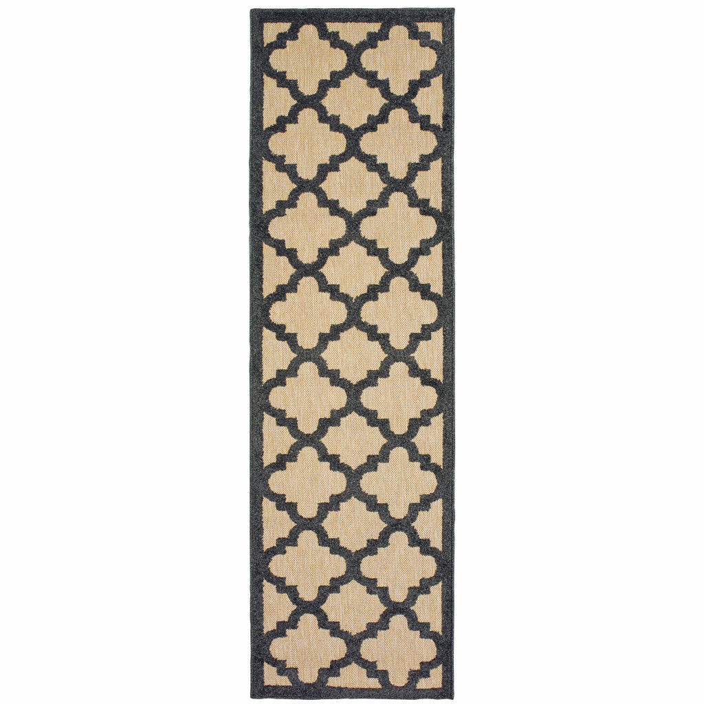 2' X 8' Beige and Black Geometric Stain Resistant Indoor Outdoor Area Rug