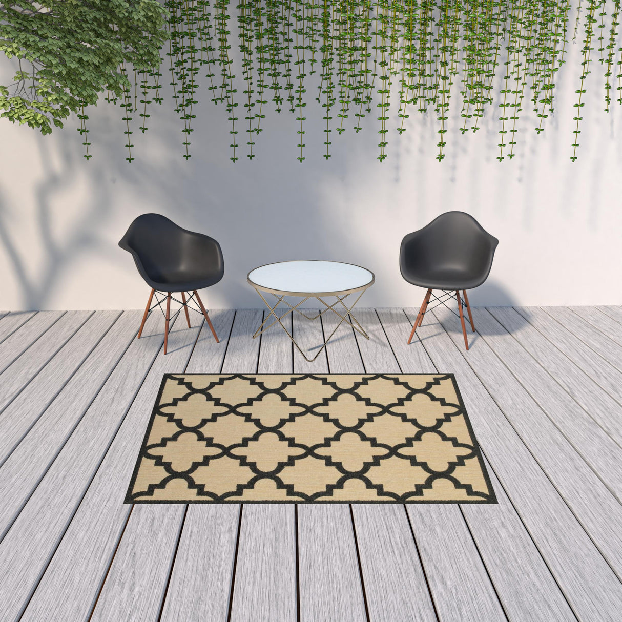 5' X 8' Beige and Black Geometric Stain Resistant Indoor Outdoor Area Rug