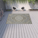 10' X 13' Blue and Green Oriental Stain Resistant Indoor Outdoor Area Rug