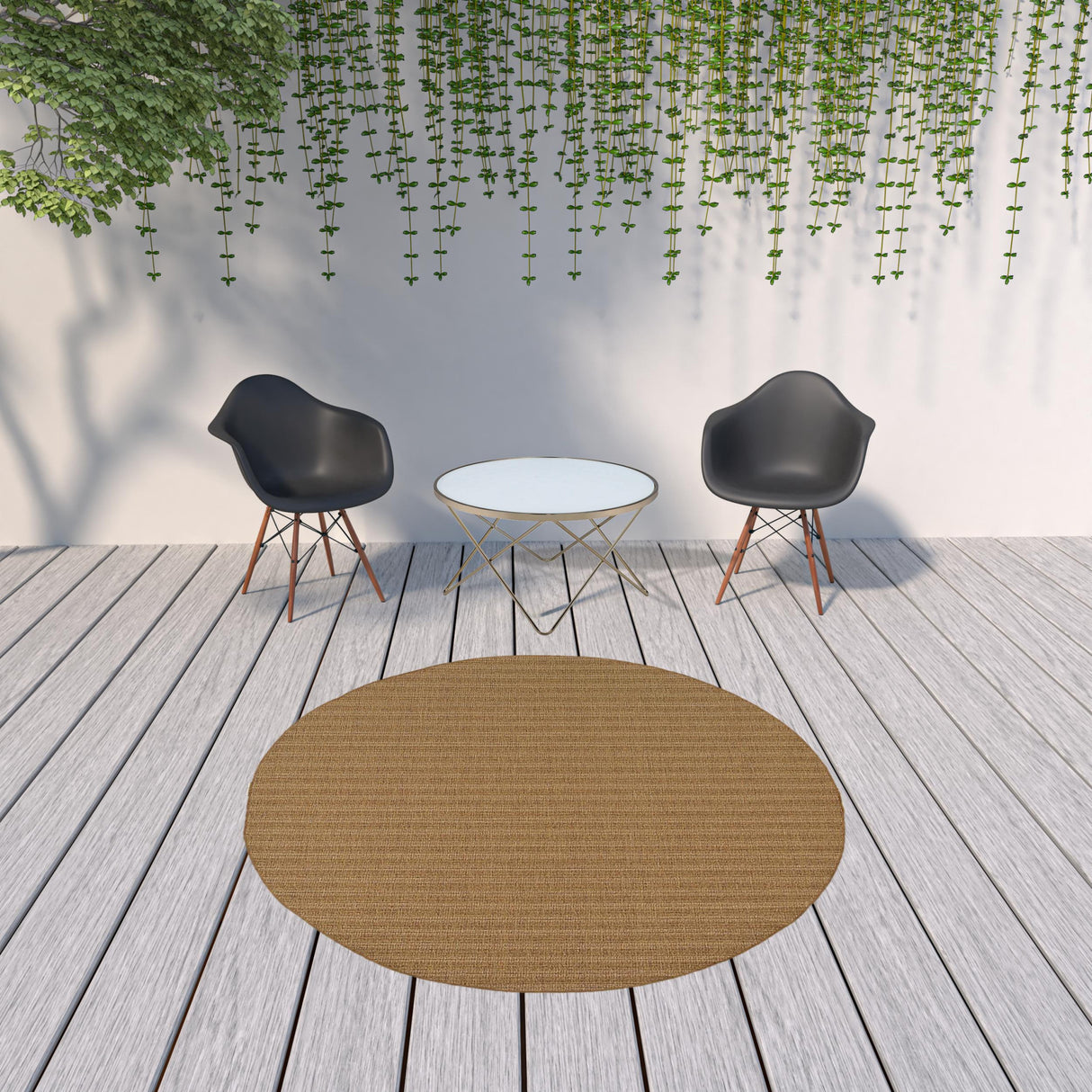 8' X 8' Tan Round Striped Stain Resistant Indoor Outdoor Area Rug