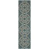 2' X 8' Blue and Gray Geometric Stain Resistant Indoor Outdoor Area Rug