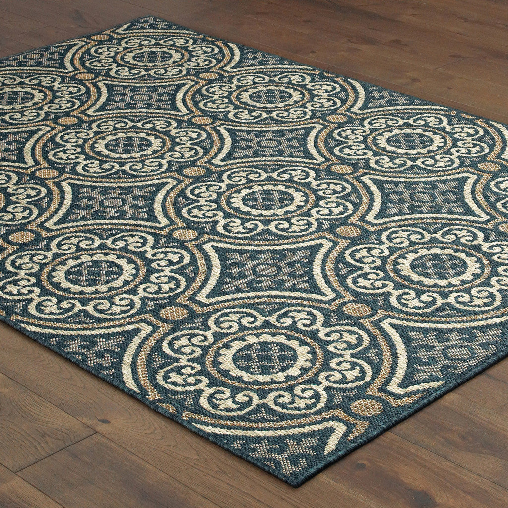 5' X 7' Blue and Gray Geometric Stain Resistant Indoor Outdoor Area Rug