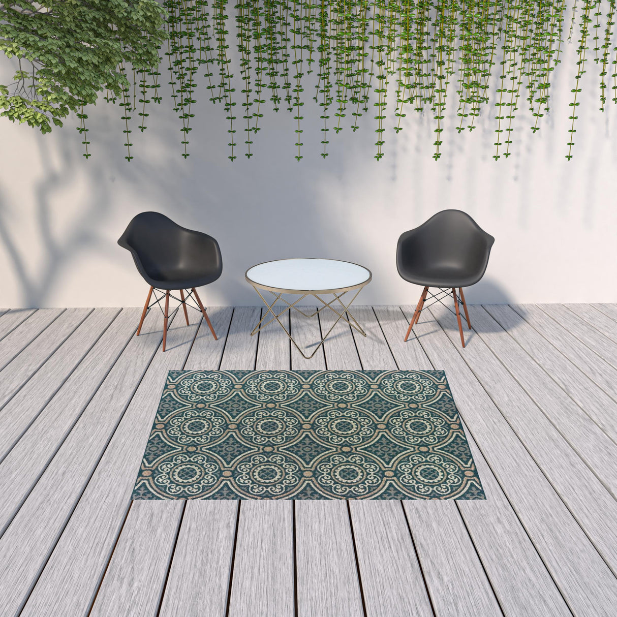 5' X 7' Blue and Gray Geometric Stain Resistant Indoor Outdoor Area Rug