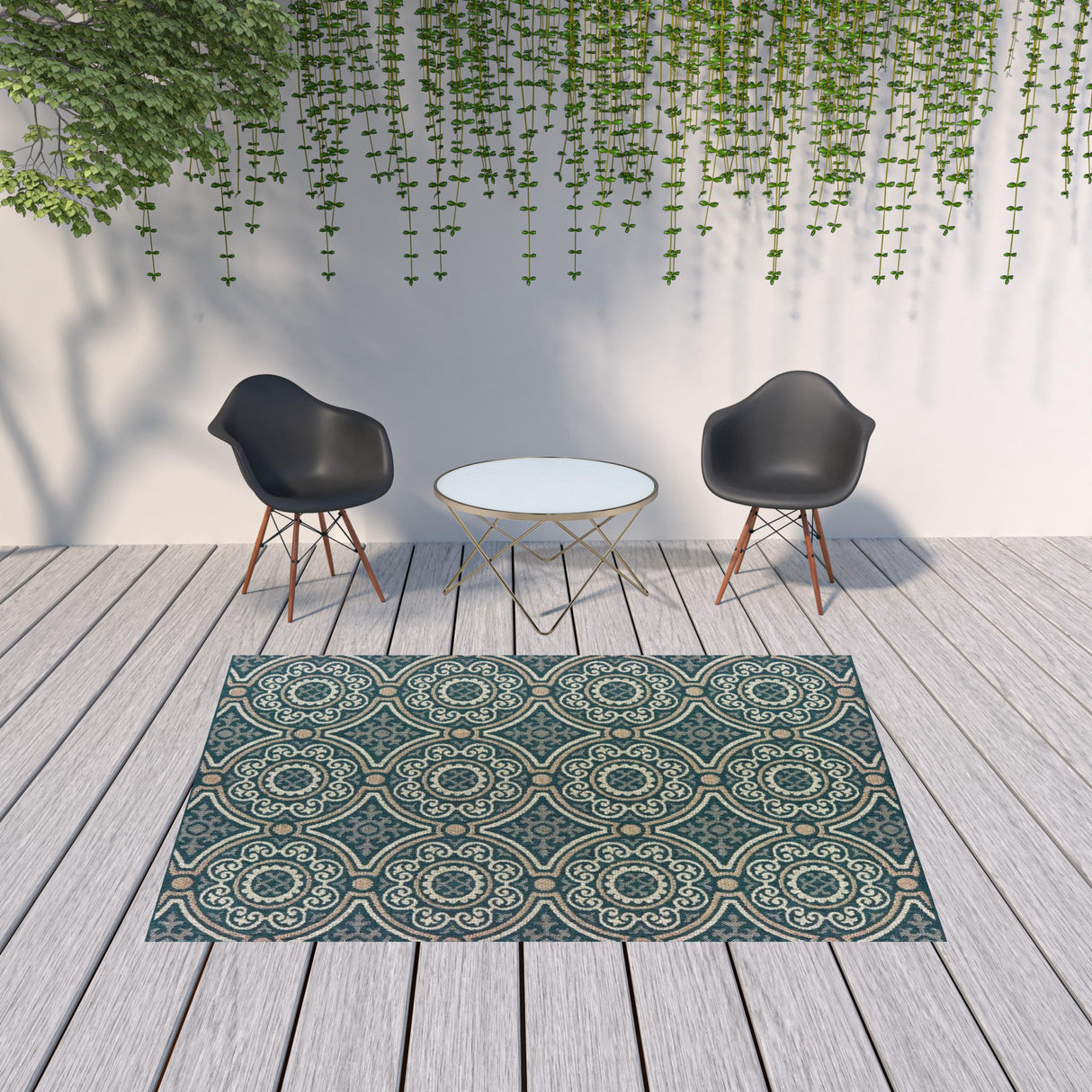 7' X 9' Blue and Gray Geometric Stain Resistant Indoor Outdoor Area Rug