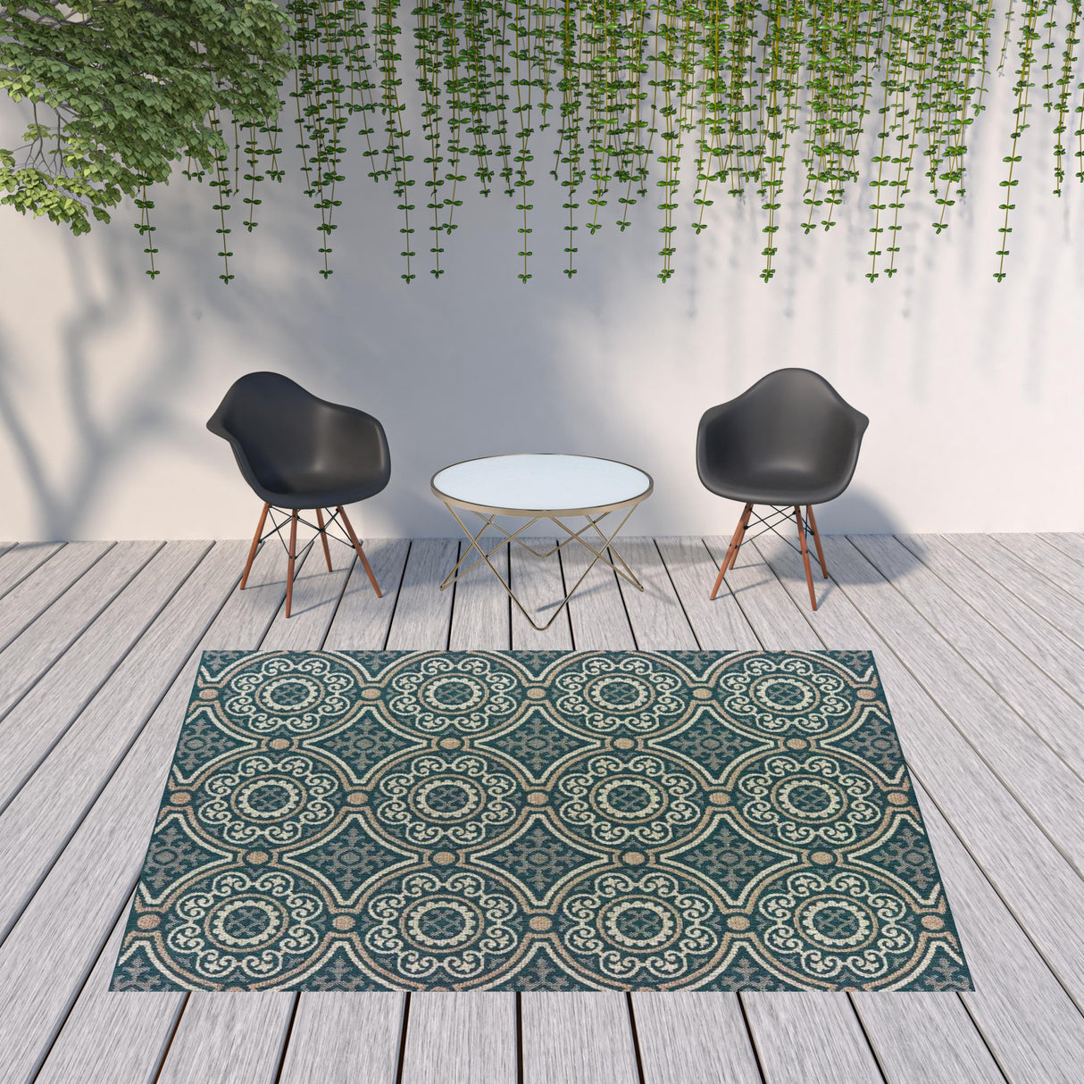 8' x 10' Blue and Gray Geometric Stain Resistant Indoor Outdoor Area Rug