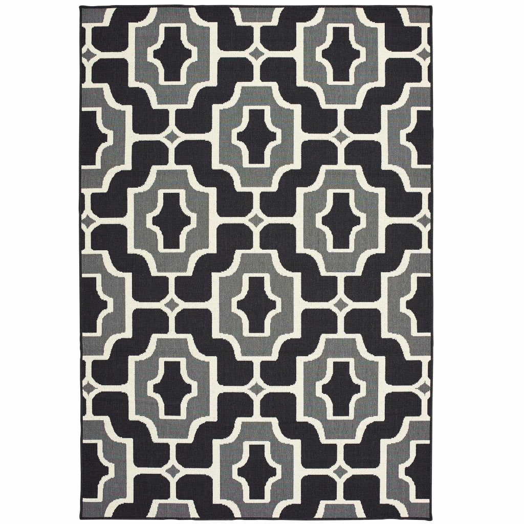 9' X 13' Black and Gray Geometric Stain Resistant Indoor Outdoor Area Rug