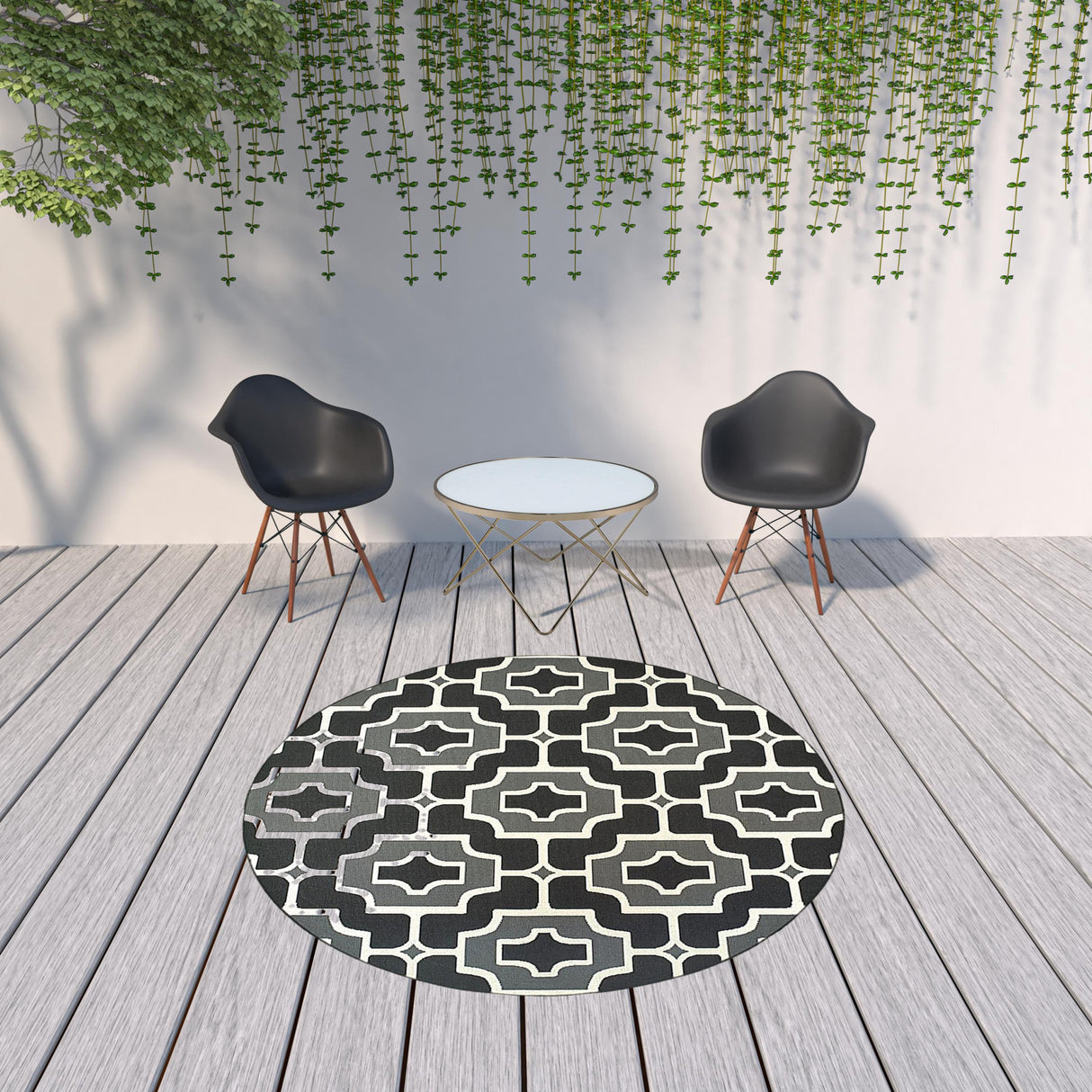 8' X 8' Black and Gray Round Geometric Stain Resistant Indoor Outdoor Area Rug