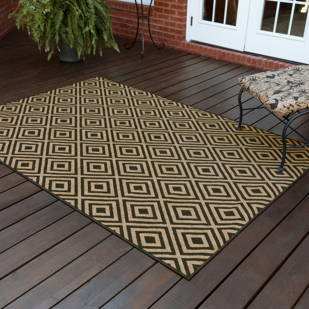 2' X 4' Black and Tan Geometric Stain Resistant Indoor Outdoor Area Rug