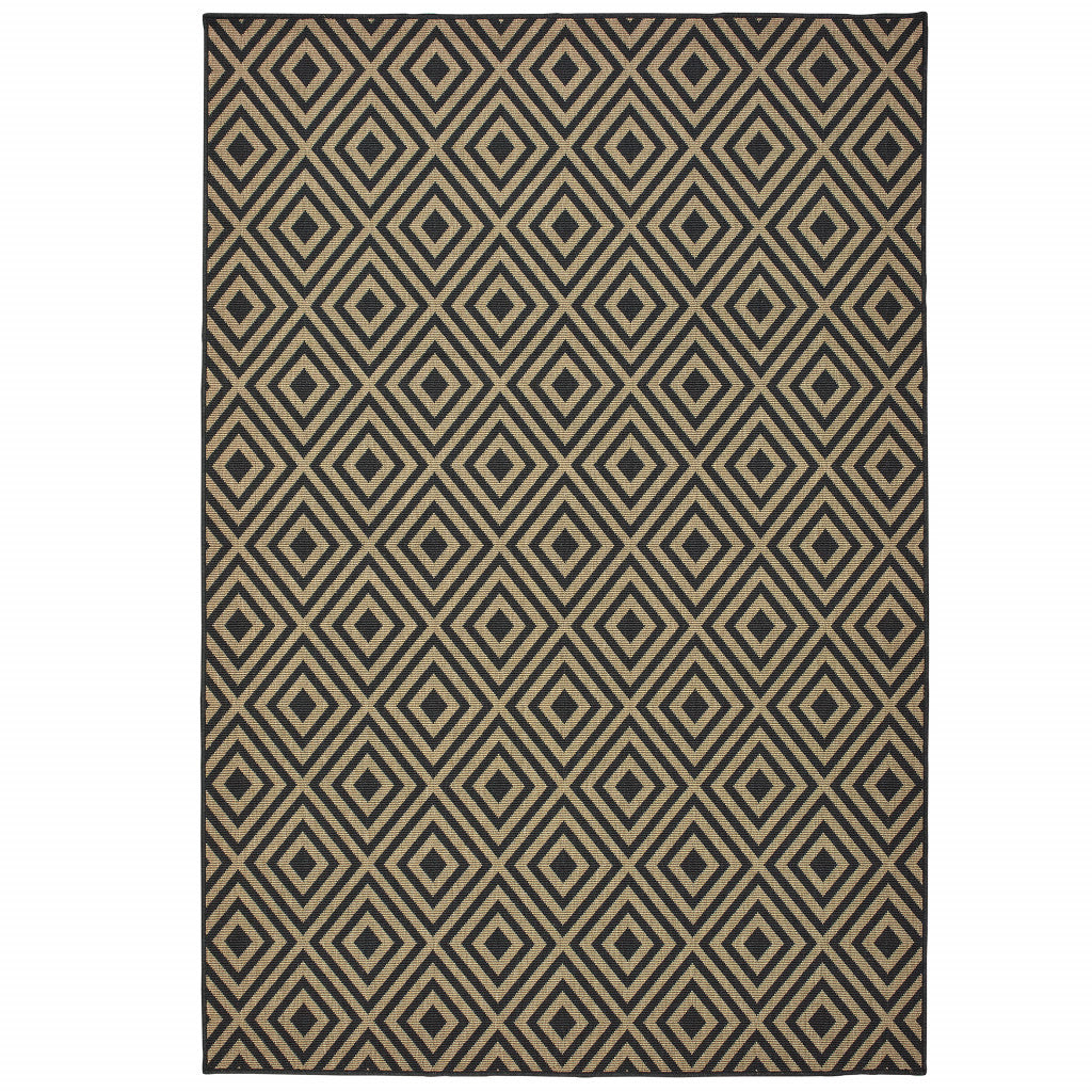 7' X 10' Black and Tan Geometric Stain Resistant Indoor Outdoor Area Rug